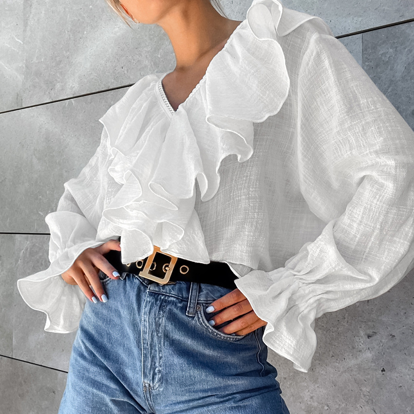 Camisa de mujer con cuello en V y bordes de loto, interior de algodón puro, diseño de otoño 2024