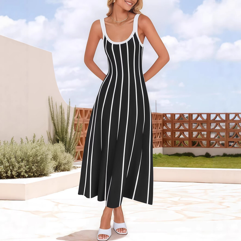 Summer Sleeveless Striped Mid-Length Dress Casual A-Line Swing Knit Long Dress Beach Vacation