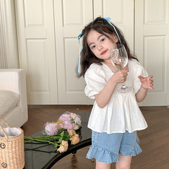 Elmo Beibei summer girl's French small square collar temperament doll shirt children's fashionable white short-sleeved shirt