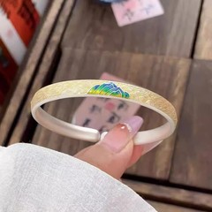 足银9999千里江山手镯描金珐琅彩纯银镯子送女友七夕礼物