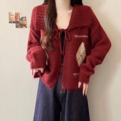 韩系复古菱格翻领系带针织开衫女秋冬季宽松洋气百搭上衣毛衣外套
