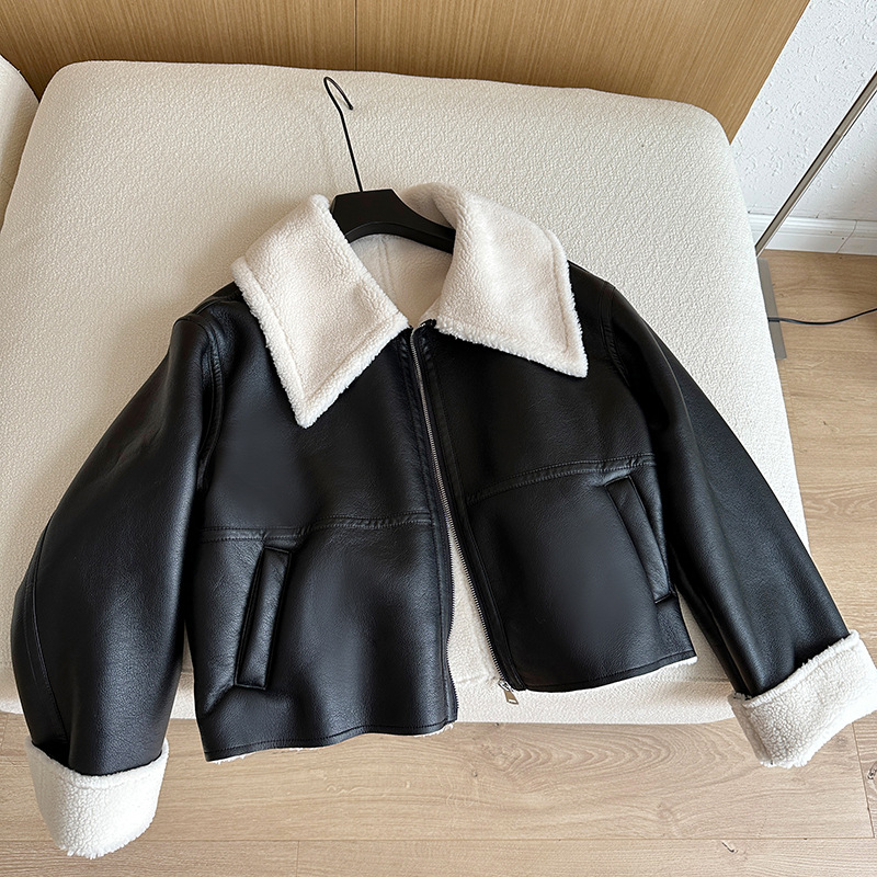 Women's Clothing High end atmospheric leather jacket for women, short loose motorcycle jacket, autumn style, stylish lamb fur all in one_voghion.com
