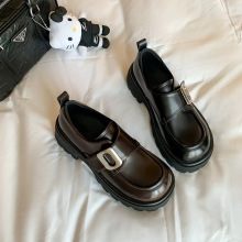 牛皮版~葡萄妈同款圆头复古扣带松糕厚底增高乐福鞋女英伦小皮鞋