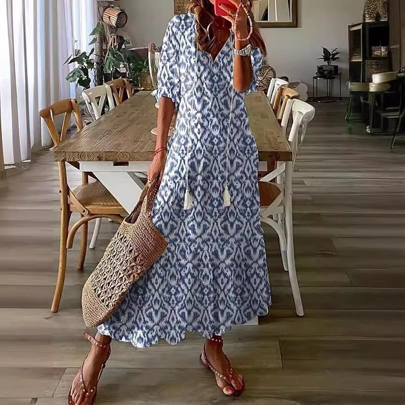 2025 European and American Cross-Border Hot Sale Casual Sweet Loose V Neck Printed Beard Mid-Sleeve Long Dress for Women in Stock