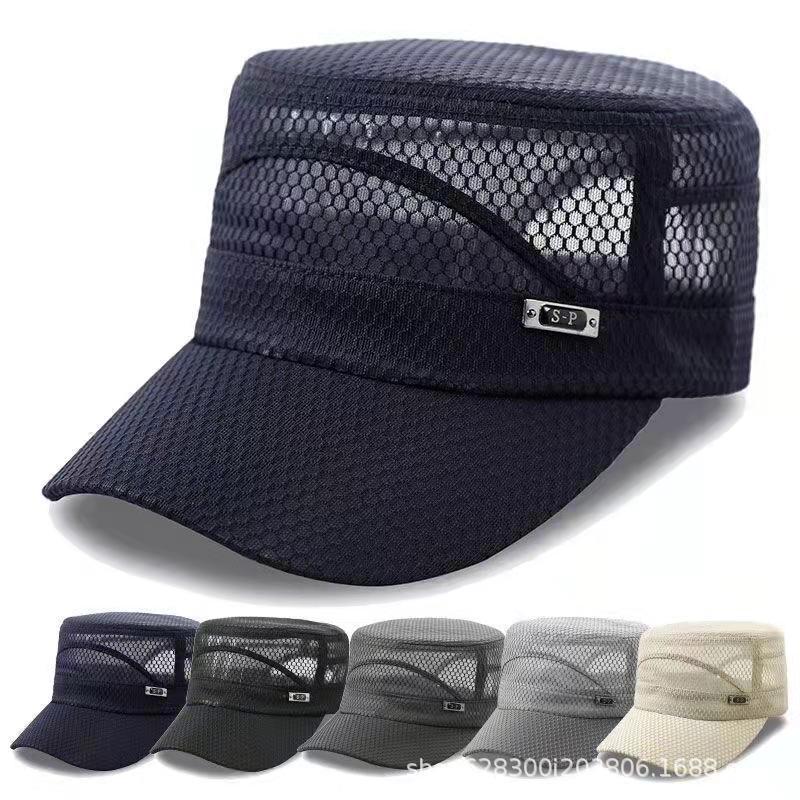 Hat Men's Summer Middle-aged and Elderly Flat Top Hat Casual Outdoor Fishing Hat Sunscreen Sunshade Hat Breathable Mesh Flat Top Hat