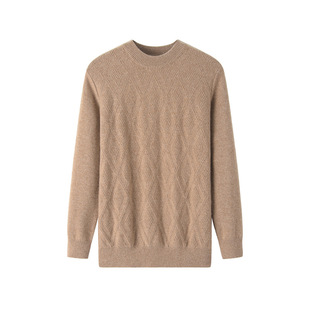 Cashmere Pullover for Men, 100% Cashmere, Round Neck, Casual, Thickened, Diamond Pattern, Solid Color, Long-Sleeved Knitted Sweater, New Product