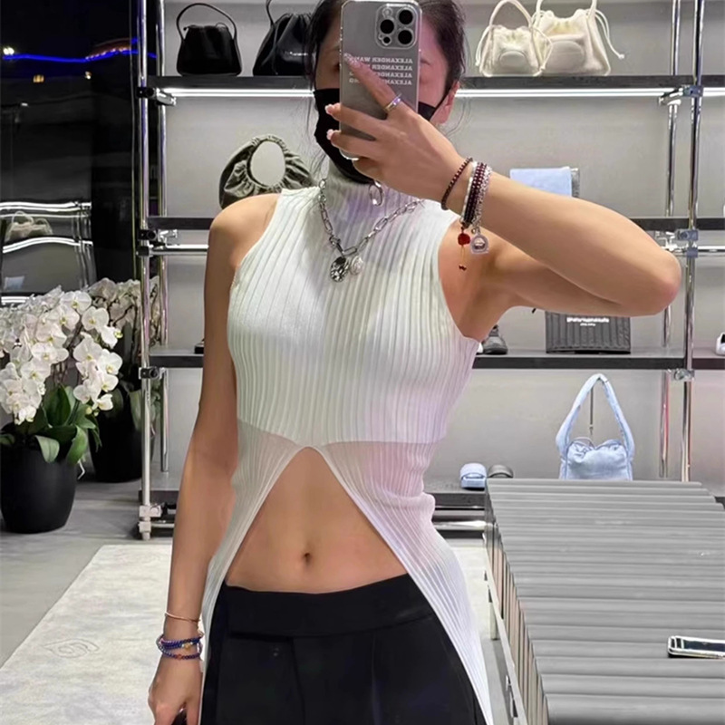 Special Offer 25 Summer New Pure Color Vest Splicing Blouse Song Zhiya Same Style High Collar Long Transparent Knitwear Slit