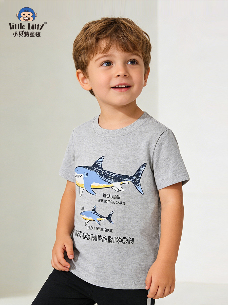 European and American Style 2026 Spring/Summer Children's Short-Sleeve T-Shirt with Cartoon Shark Print, Boys' Round-Neck Top, In-Stock Wholesale