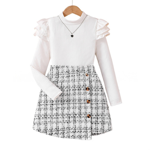 Duo Duo Spring Children's Fragrance Girl Dress with Flying Sleeve Long Sleeve Knit Irregular Semi-Skirt