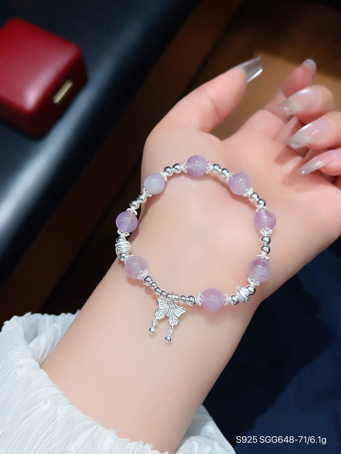 S925 pulsera de mariposa de amatista de plata esterlina joyería de plata femenina con cuentas diseño de nicho pulsera de cristal rosa regalo para novia