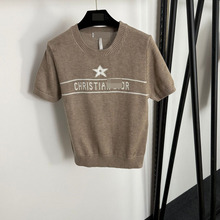 2025夏秋南油高端外贸新款五角星提花字母羊毛混纺短袖针织衫上衣