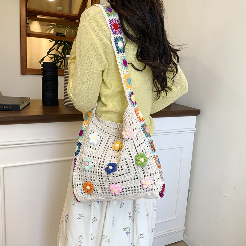 大容量通勤高級感のある花のトートバッグ女性2025新作春夏透かし編みニットバッグ片肩編みバッグ|undefined
