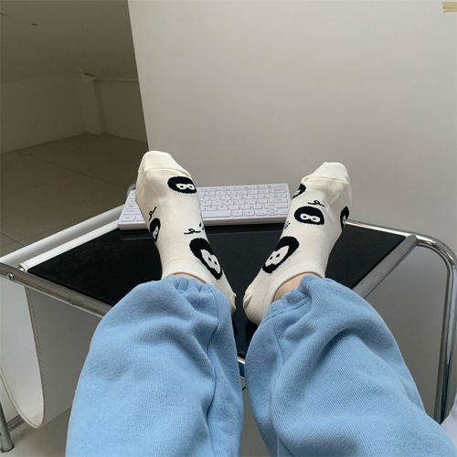 Summer socks for women, white polka dot boat socks, Japanese cartoon black and white rabbit cream socks, non-slip invisible socks