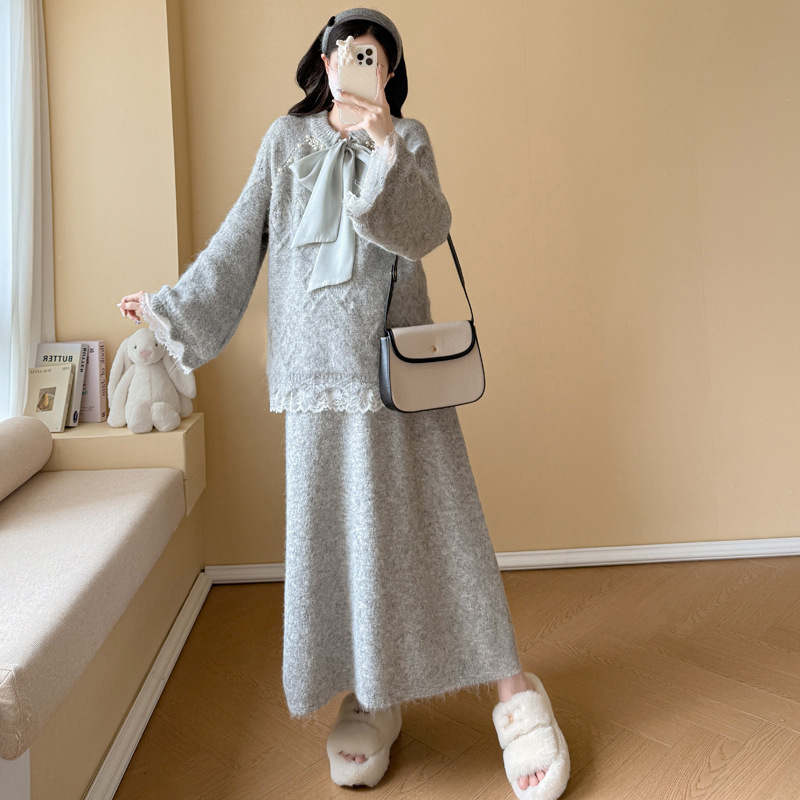 孕妇装秋冬新款时尚气质款宽松显瘦飘带毛衣针织半身裙甜美套装女|undefined