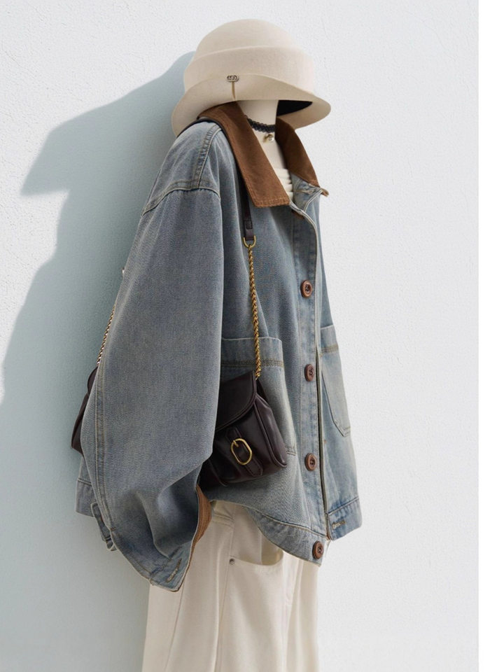 Áo khoác denim ngắn nữ dáng ôm, tay dài, cổ áo màu tương phản, phong cách Hàn Quốc — màu xanh denim