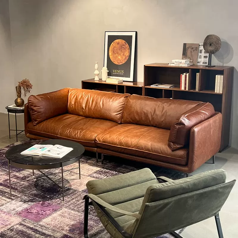 厂家直销怀抱真皮沙发北欧意式极简全头层牛皮中古复古油蜡皮沙发