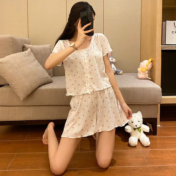 Pajamas Women's Summer Cotton Short-sleeved Shorts Thin Floral Pure Desire Wind Women's Summer Home Suit Wholesale Foreign Trade