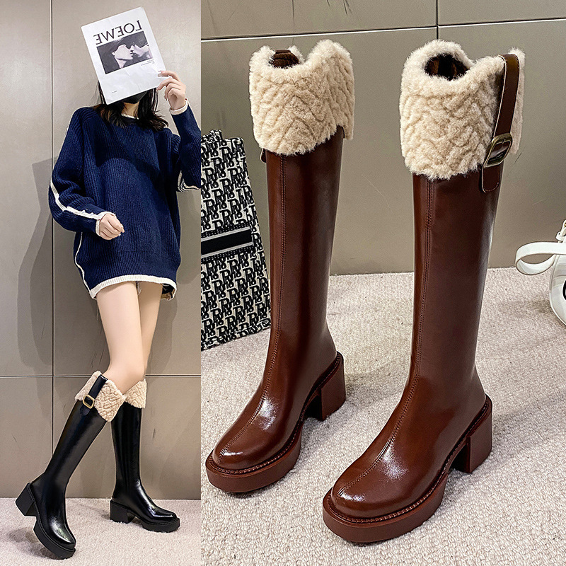 2024 Winter New Style Fleece-Lined Chunky Heel Riding Boots for Women, Knee-High Fashionable Snow Boots, Warm Soft Leather High Boots 2024 Winter New Style Fleece-Lined Chunky Heel Riding Boots for Women, Knee-High Fashionable Snow Boots, Warm Soft Leather High Boots