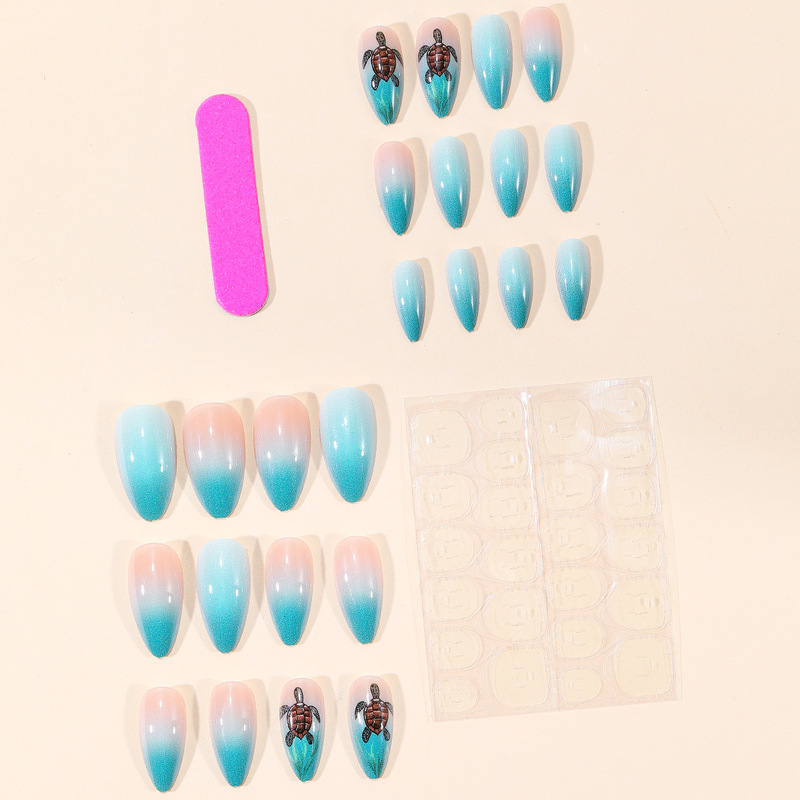 New Gradient Smudged Wearable Nails with Blue Turtle Pattern, Cute and Interesting Design, Nail Stickers, Cross-Border Wholesale