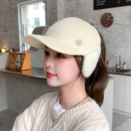 Beanie women's autumn and winter open-top thick ear protection warm duck billed hat Korean style versatile outdoor cold-proof knitted wool hat trendy