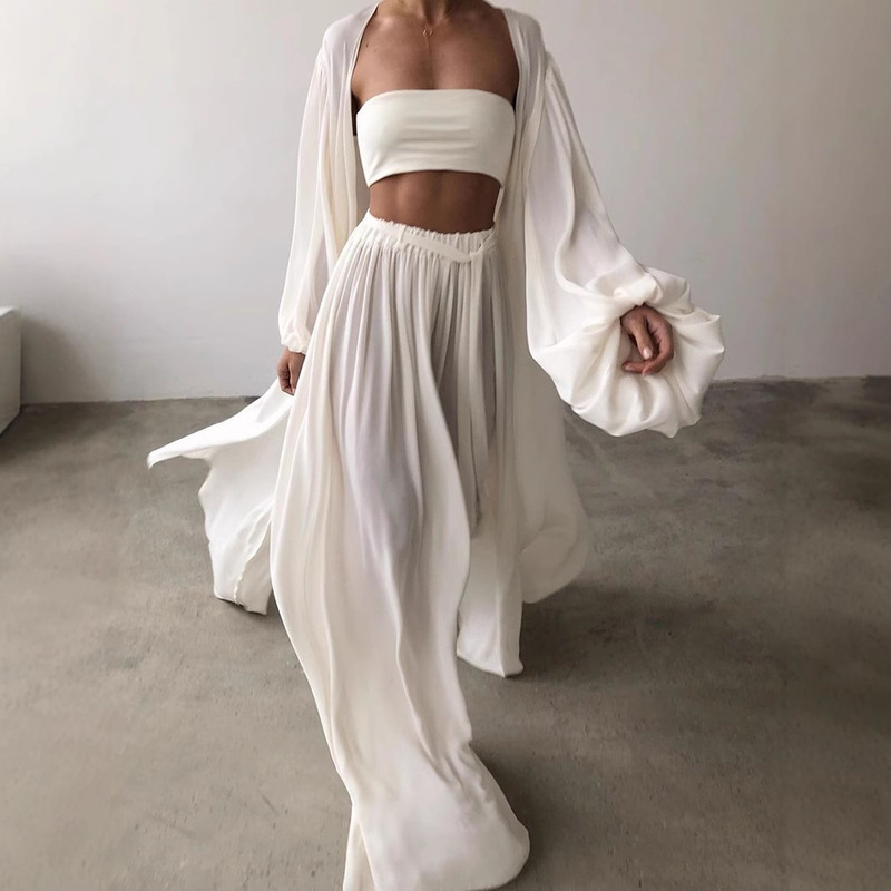 2022 Spring New Pure Color Stitching Chest-Wrapped Wide-Leg Pants Three-Piece Set Amazon Fashion Loose Cape Suit 2022 Spring New Pure Color Stitching Chest-Wrapped Wide-Leg Pants Three-Piece Set Amazon Fashion Loose Cape Suit