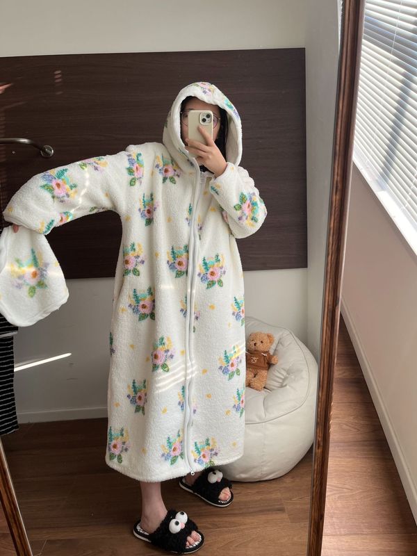 【实拍】鸿楠行走的被窝小熊毛绒拉链睡衣加厚保暖家居服睡袍连帽|undefined