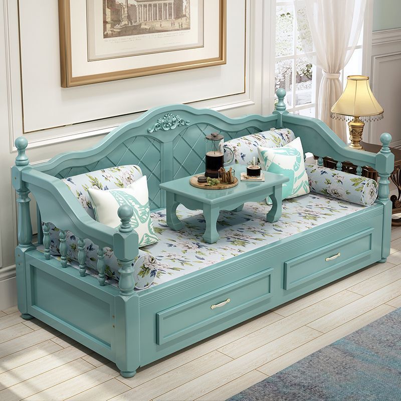 European-Style Sofa Bed Push-Pull Solid Wood Foldable Living Room Small Apartment Telescopic Simple Multi-Functional Double Sitting and Sleeping