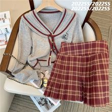 秋款娃娃领长袖毛衣女学生韩版宽松外穿慵懒风格子半身裙套装秋季