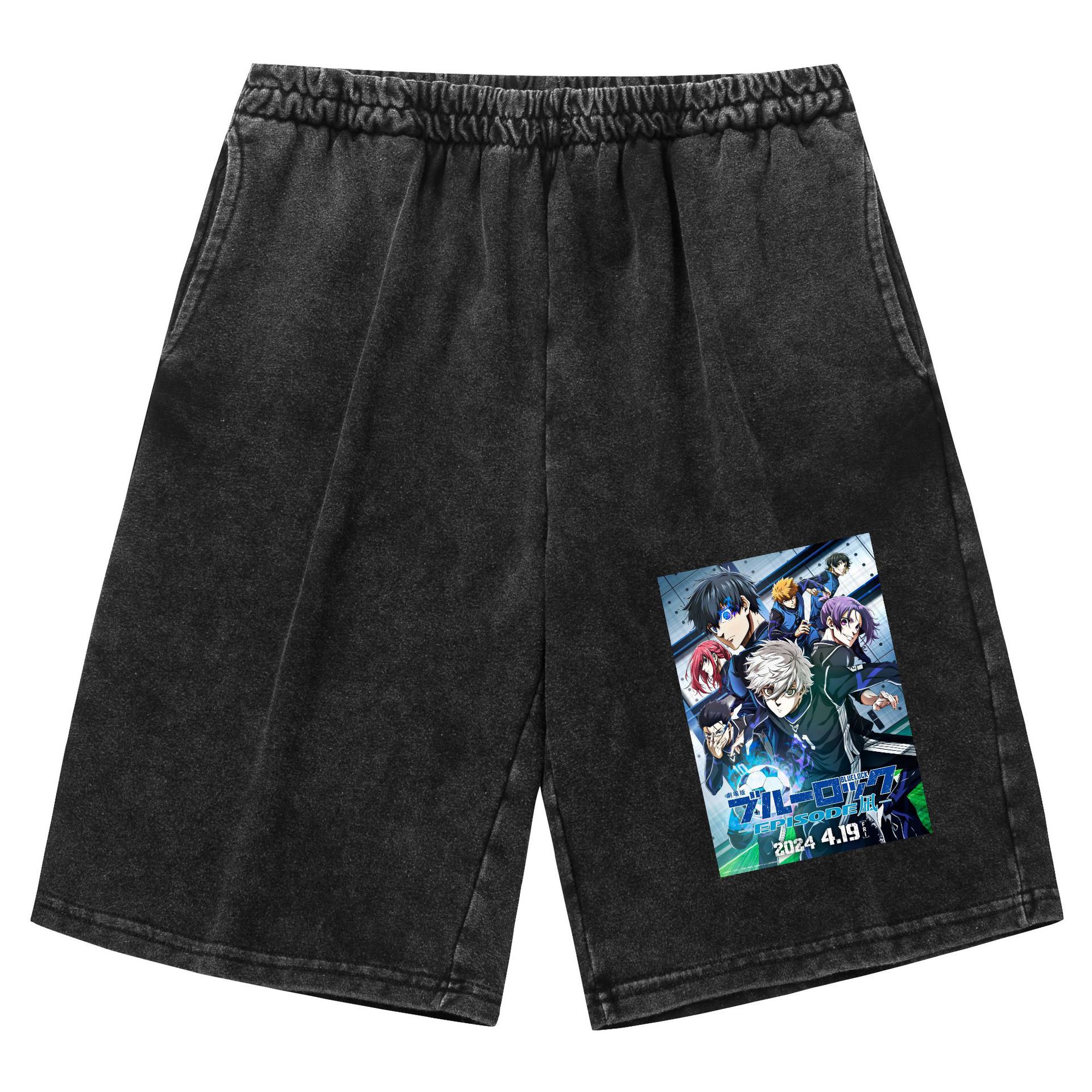 Pantalones cortos retro viejos lavados transfronterizos BLUE LOCK azul prisión estampado deportes de ocio