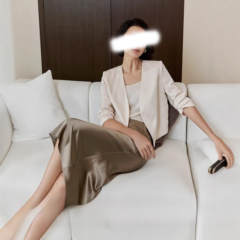 Summer Suit, Imitation Silk Double-Sided Satin Air-Conditioning Shawl, Quarter-Sleeved Collarless Suit Jacket, Satin Skirt