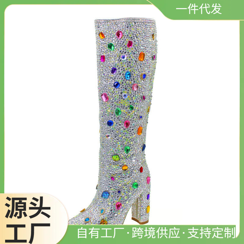 Fashionable classic high boots with rhinestones pointed-toe heels