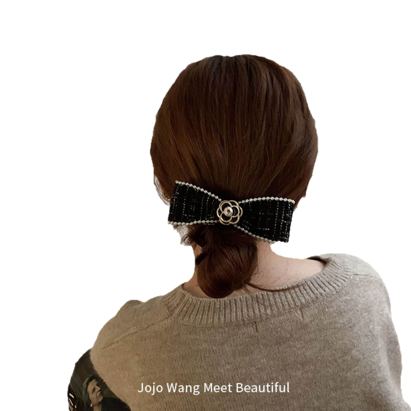 Tweed kamelia hårspänne för kvinnor i chanel stil med rosett_voghion.com