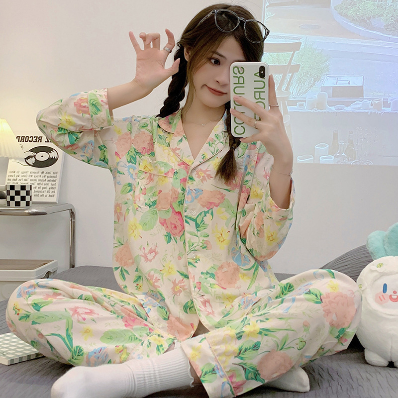 女性用夏の綿シルクパジャマ、長袖、薄手のホーム服、通気性、吸汗性、柔らかい綿シルク、大きいサイズのスーツ、ドロップシッピング|undefined