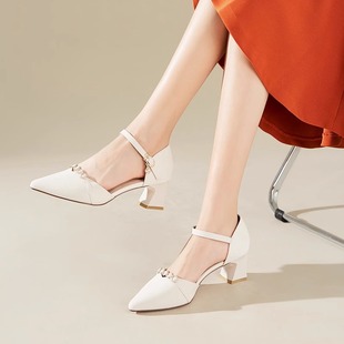 Fairy Style Thick Heel Baotou Sandals 2025 Summer New Style One-character Buckle Strap Character Pointed Rhinestone Comfortable High-heeled Shoes