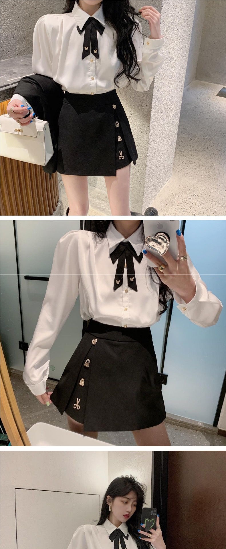 GraceChic Frühlingsoutfit: Zweiteiliges Set aus Bluse mit Schleife, Puffärmeln und hochtailliertem, schwarzem Rock mit Schlitz_voghion.com