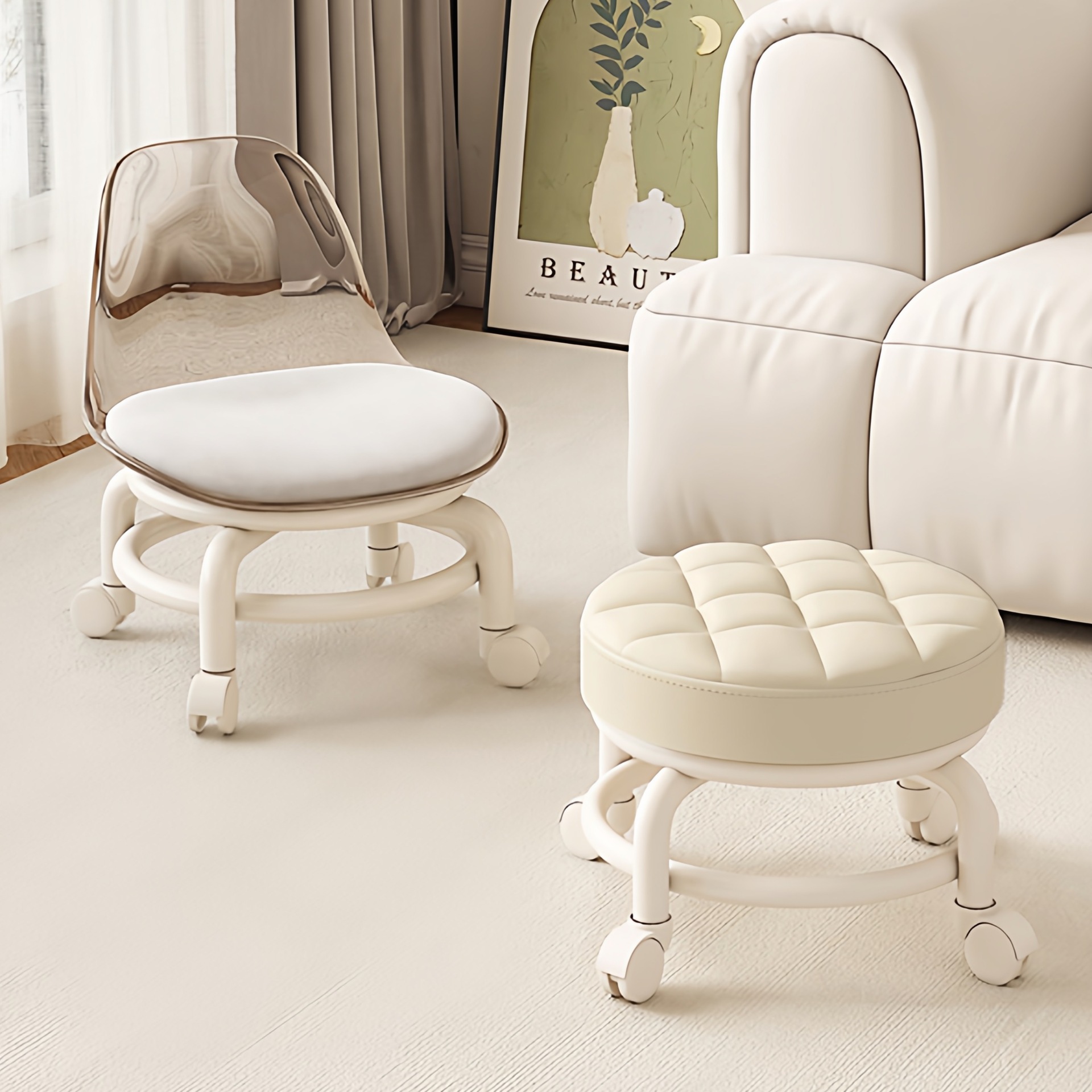 Swivel Small Stool with Wheels, Movable Household Low Stool, Child-Friendly Artifact for Living Room, Seam-Beautifying Coffee Table Stool, Caster Stool