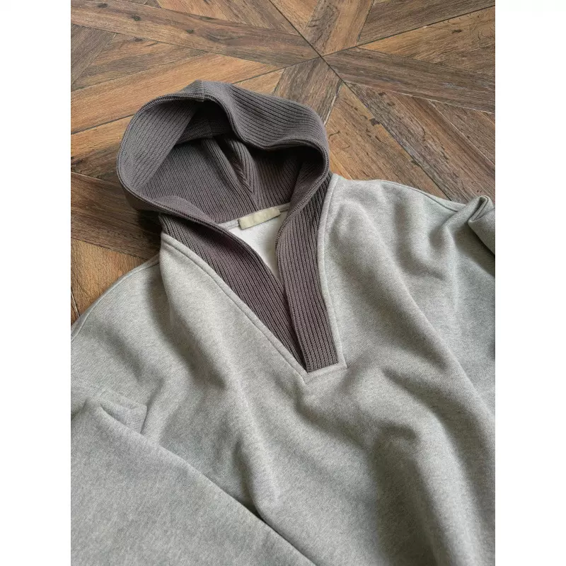 cleanfit灰色卫衣男女连帽春秋季毛线拼接设计感小众宽松休闲外套