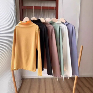 Kitten Diary Base Shirt Autumn and Winter New Arrival Auricular Edge Semi-High Collar Solid Color Fleece Warm Long Sleeve Sanding Base Shirt