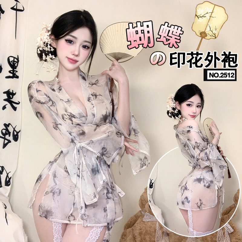 Night Crisp Lingerie Sexy Butterfly Print Perspective Lace-up Deep V Cardigan Kimono Pajamas 6227