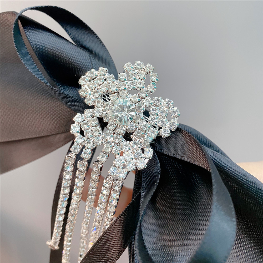 Fashion Elegant Full Diamond Large Black Ribbon Bow Barrettes4