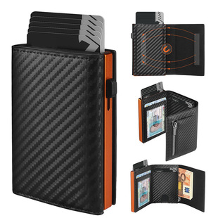 Cross-Border Men's Carbon Fiber Pattern Genuine Leather Wallet Customized with Multiple Card Slots Including Id Slot Zipper Bag Card Box Wallet