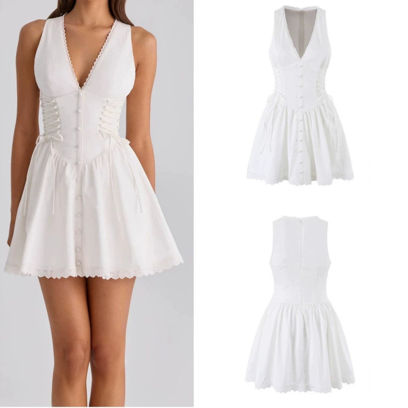 New Foreign Trade Style French Elegant V-Neck Lace Patchwork Dress with Tie Waist and Button Decoration New Foreign Trade Style French Elegant V-Neck Lace Patchwork Dress with Tie Waist and Button Decoration