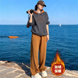 加绒加厚运动套装女秋冬连帽卫衣套装宽松显瘦盐系穿搭休闲两件套