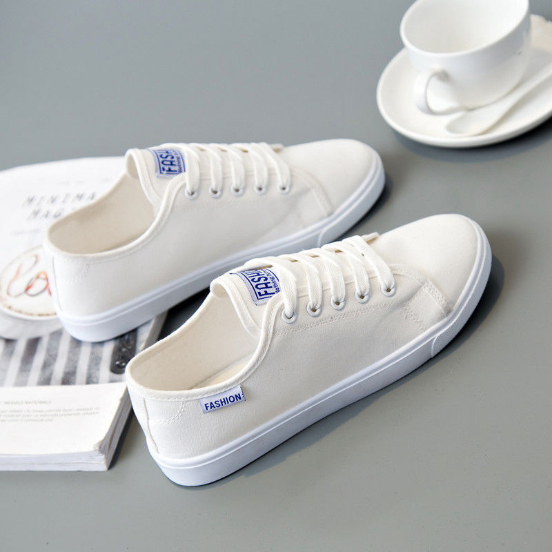 White Canvas Shoes for Women, Korean Style Versatile Student Casual Shoes, Flats-Soled Lace-Up Breathable Sneakers, Spring Cloth-Covered White Shoes