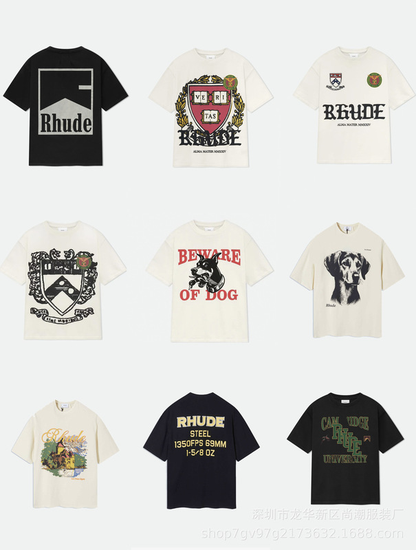 Foreign Trade Cross-Border 2025 Spring and Summer Rhude New Retro Logo Logo Printed Men's and Women's Pure Cotton Casual T-Shirts Foreign Trade Cross-Border 2025 Spring and Summer Rhude New Retro Logo Logo Printed Men's and Women's Pure Cotton Casual T-Shirts