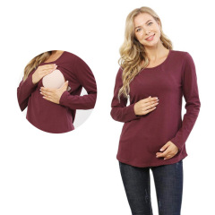 2025春秋ラウンドネックサイドスリット授乳服お出かけおしゃれママ妊婦長袖Tシャツ授乳服大きいサイズS-3XL