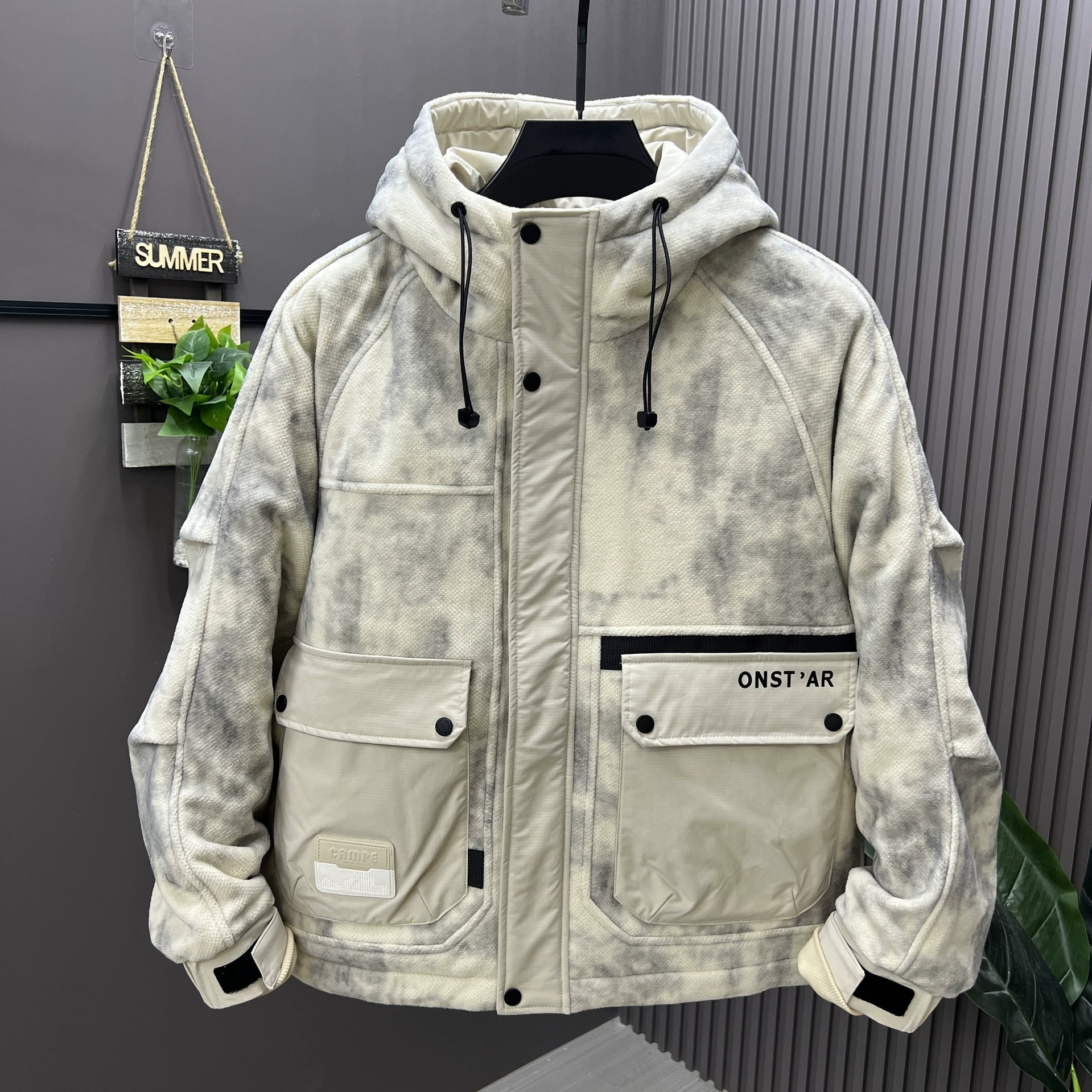 Demi-season warm down jacket with hood, oversize