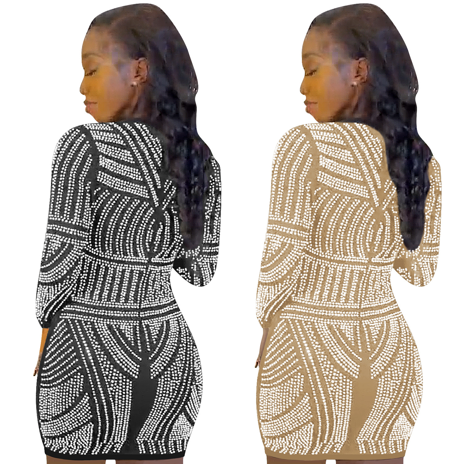 X5529 transfronteriza nuevo producto AliExpress Amazon Europa y América de las mujeres atractivas del club nocturno de cuello redondo de manga larga vestido de Midi vestido