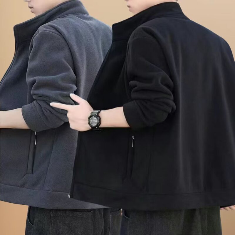 Manufacturer Wholesale Men's Polar Fleece Jacket Black Wear-Resistant and Stain-Resistant Winter Warm Cardigan Jacket for Men