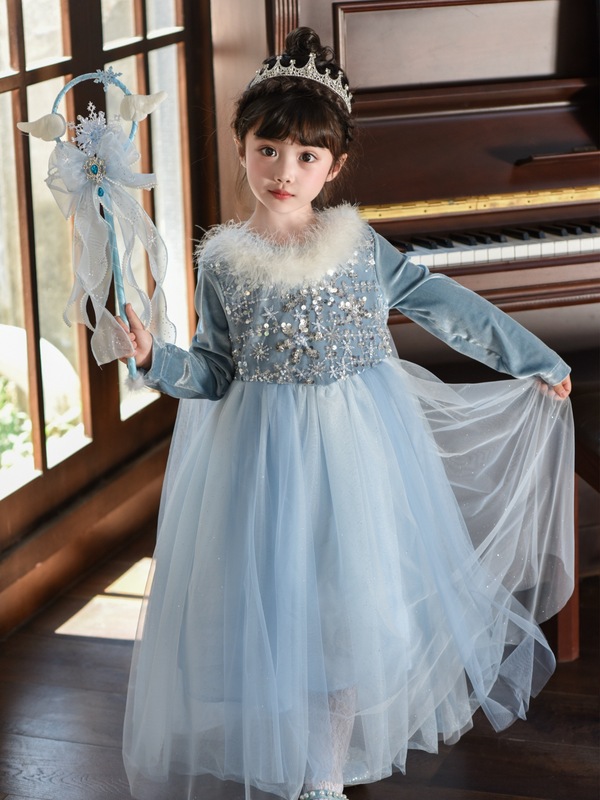 公主裙女童丝绒披风爱莎连衣裙女儿童秋季冰雪奇缘生日礼服裙小童|undefined